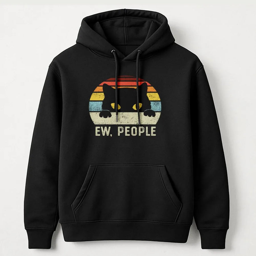 Ew People Cat Shirt | Vintage Retro Sunset Black Cat Design | Soft Breathable Cotton | Funny Gift for Introverts and Cat Lovers