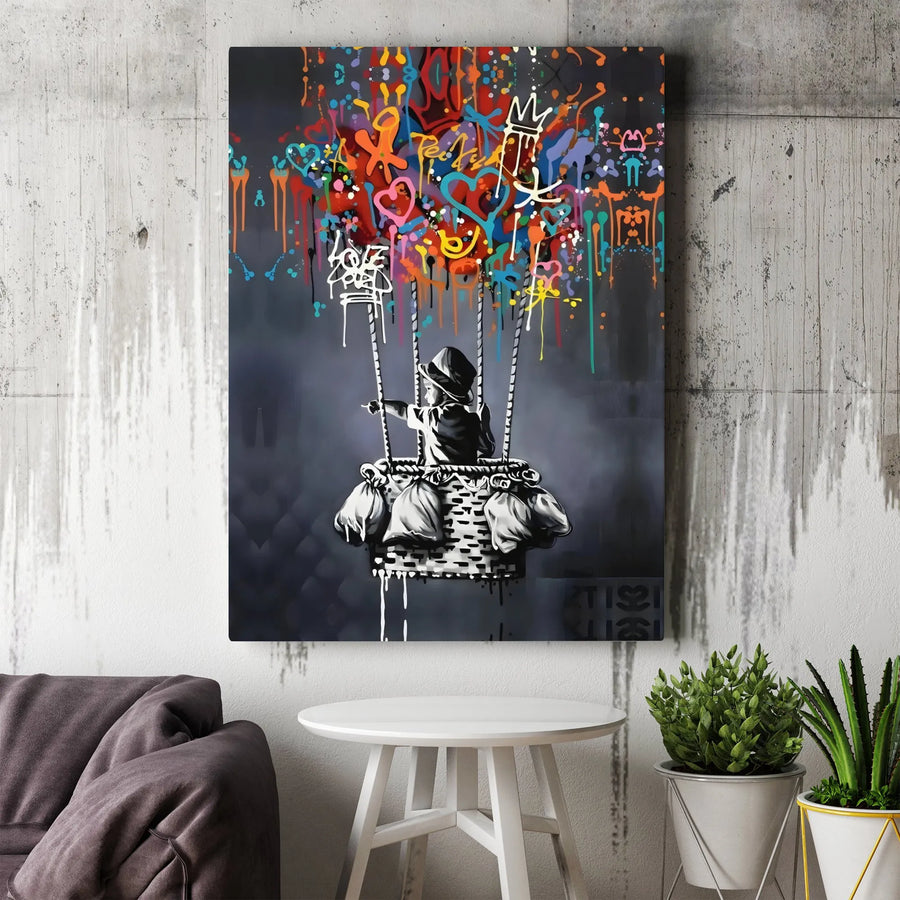 Street Art Canvas Print | Graffiti Hot Air Balloon Child | Premium Gallery Wrap Wall Decor | Modern Urban Art Gift for Home Office