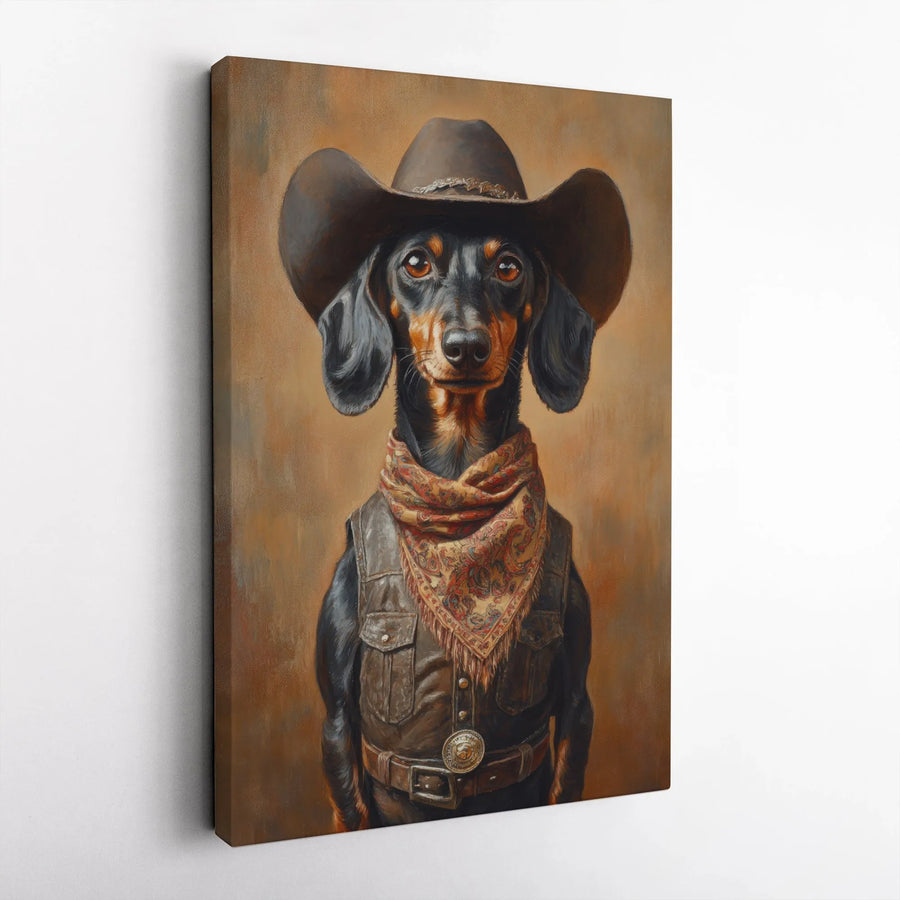 Dachshund Cowboy Canvas Wall Art | Funny Western Dog Portrait | Premium 1.25" Gallery Wrap | Unique Gift for Dog Lovers