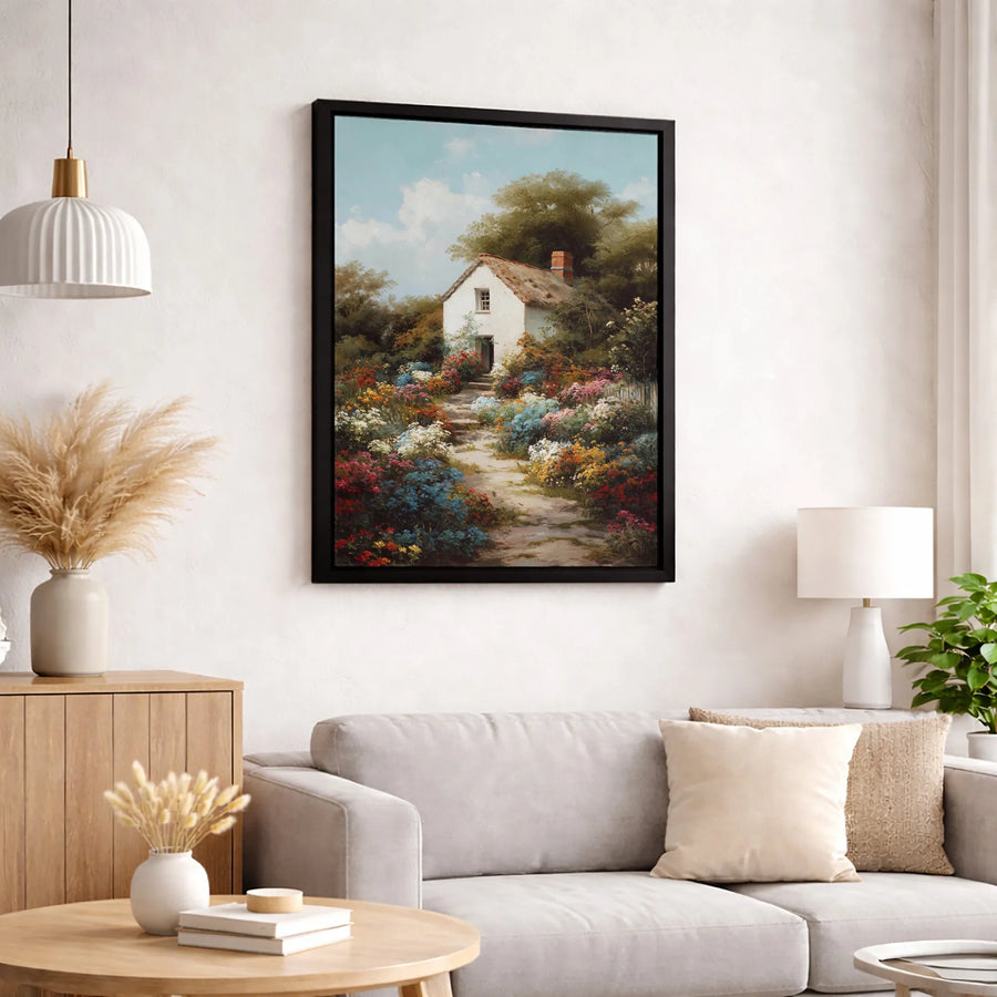 Cottage Garden Canvas Wall Art | Rustic Landscape Oil Painting Style | Premium 1.25" Thick Gallery Wrap | Floral Home Decor Gift