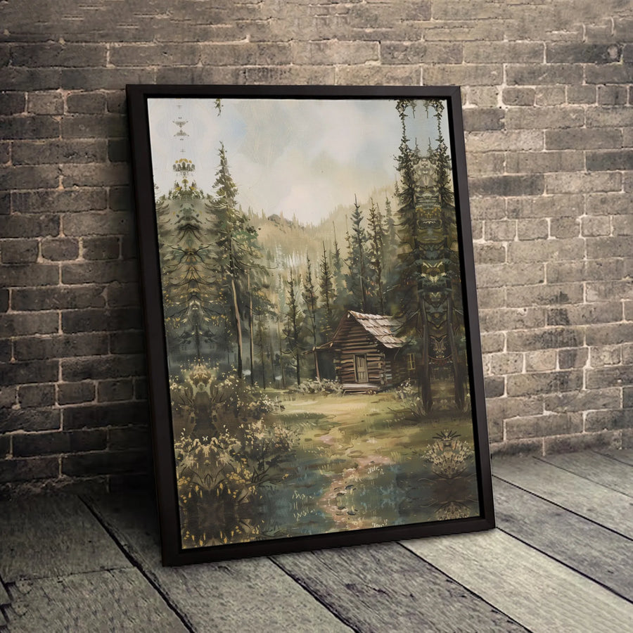 Rustic Log Cabin Canvas Print | Woodland Pine Forest Painting | Premium 1.25-Inch Thick Gallery Wrap | Nature Home Decor Wall Art