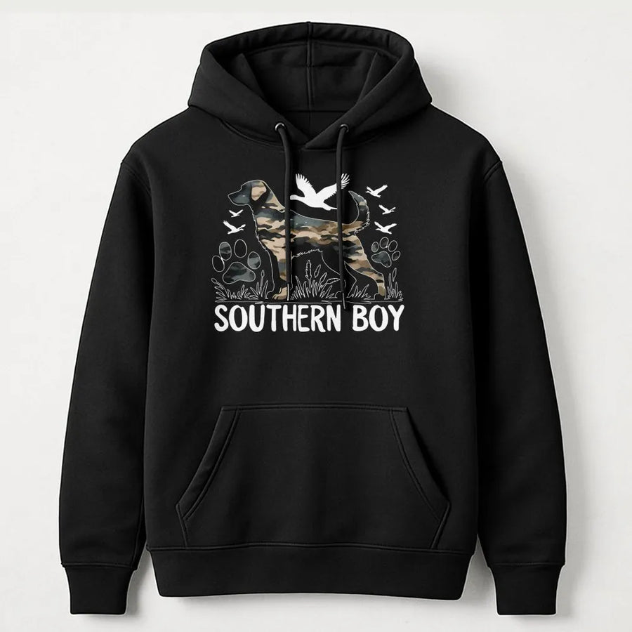 Southern Boy Dog Hunting Hoodie | Camo Retriever Graphic | Premium Cotton Blend | Gift for Outdoorsmen and Duck Hunters