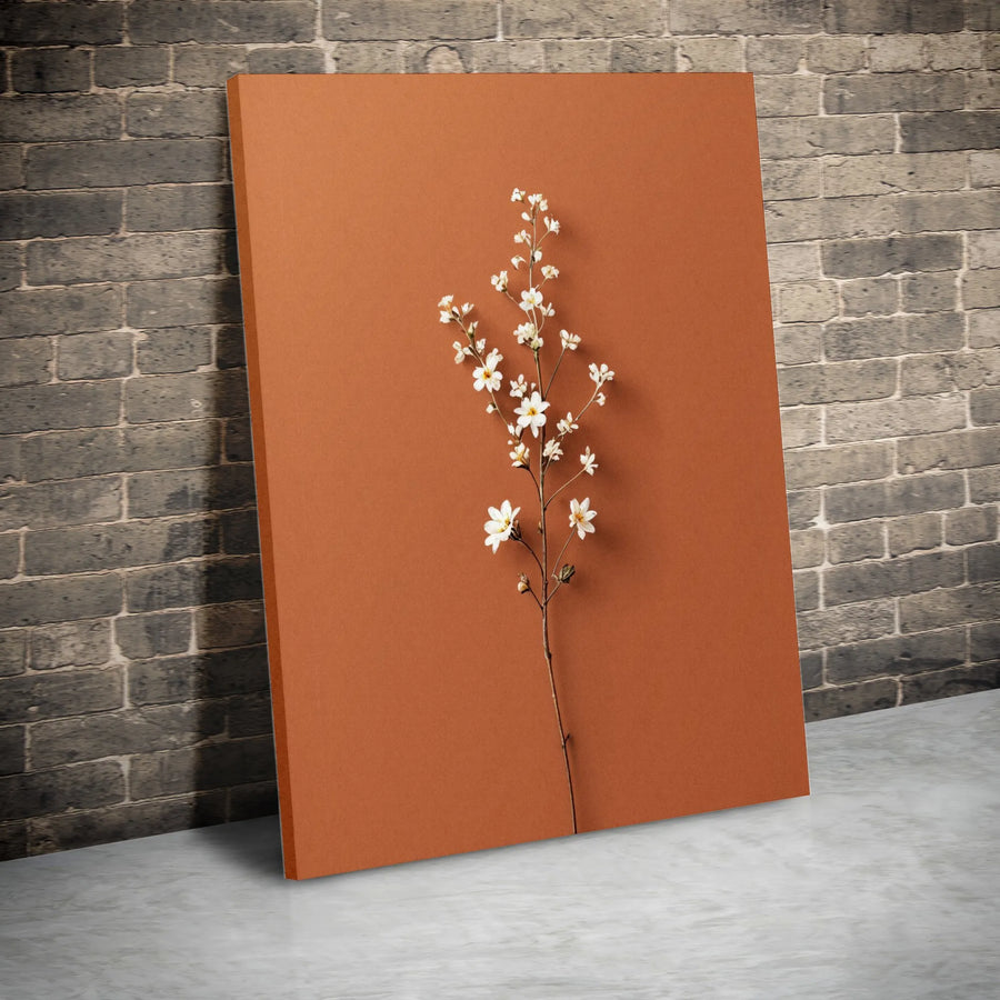 Minimalist Floral Canvas Print | White Wildflower Botanical Art | Premium Stretched Gallery Wrap | Modern Terracotta Home Decor Wall Art