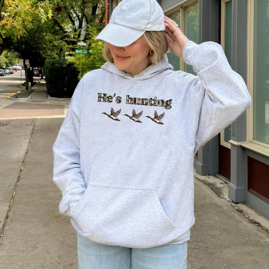 Duck Hunting Hoodie | Camo Text Flying Mallard Graphic | Premium Cotton Blend Sweatshirt | Gift for Hunter Men and Women