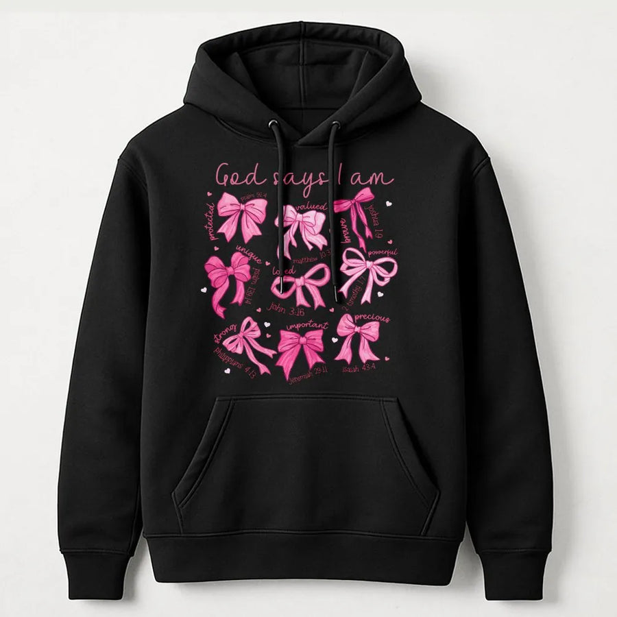 God Says I Am Hoodie | Christian Scripture Bows Design | Premium Cotton-Blend | Faithful Gift For Women And Believers