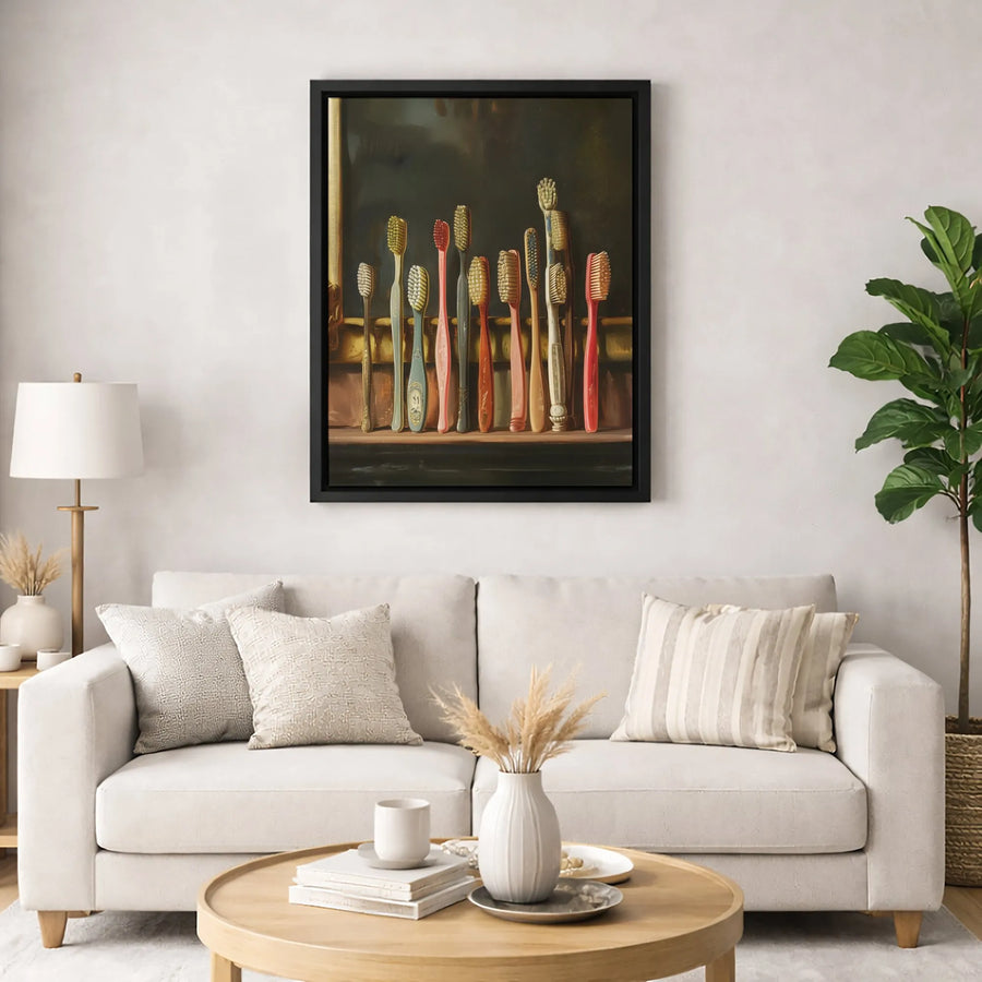 Vintage Toothbrush Collection Canvas Print | Still Life Bathroom Art | Gallery-Quality Fade-Resistant Decor | Unique Dental Office Gift Wall Art