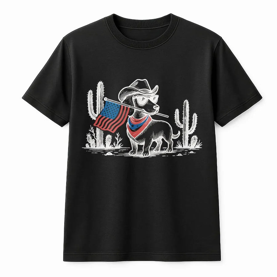Patriotic Cowboy Dachshund T-Shirt | Funny USA Flag Wiener Dog Graphic | Soft Cotton Unisex Tee | Gift for Dog Lovers on July 4th