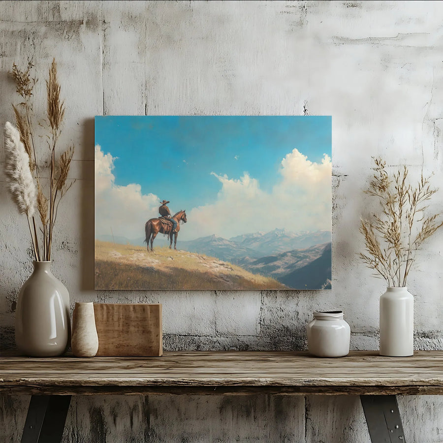 Western Cowboy Canvas Wall Art | Mountain Landscape Oil Painting Style | Premium 1.25-Inch Gallery Wrap | Rustic Home & Office Decor Gift