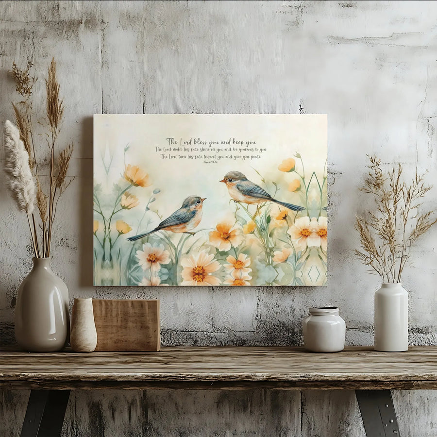 Bible Verse Canvas Print | Watercolor Birds with Numbers 6:24 Scripture | Premium Gallery Wrapped Art | Inspirational Christian Gift