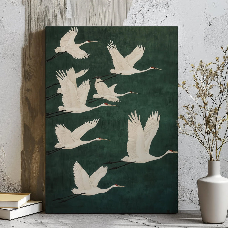 Japanese Crane Wall Art | Flying White Bird Canvas Print | Premium Gallery Wrap Decor | Nature Inspired Zen Home Office Gift