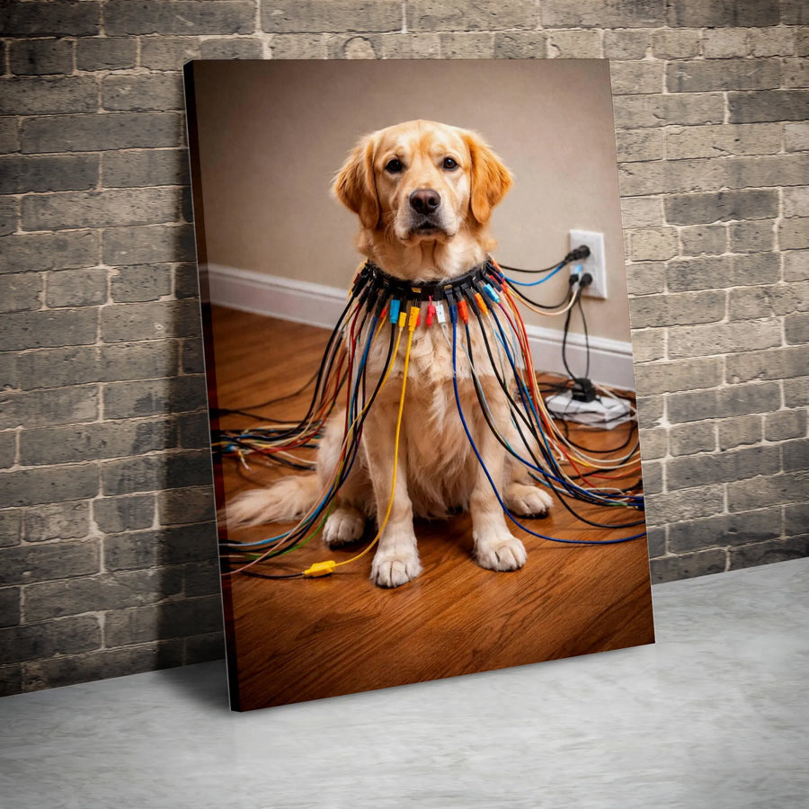 Funny Golden Retriever Canvas Print | Tech Support Dog with Cable Collar Wall Art | Premium 1.25" Thick Canvas | Humorous Gift for IT Worker, Office Decor