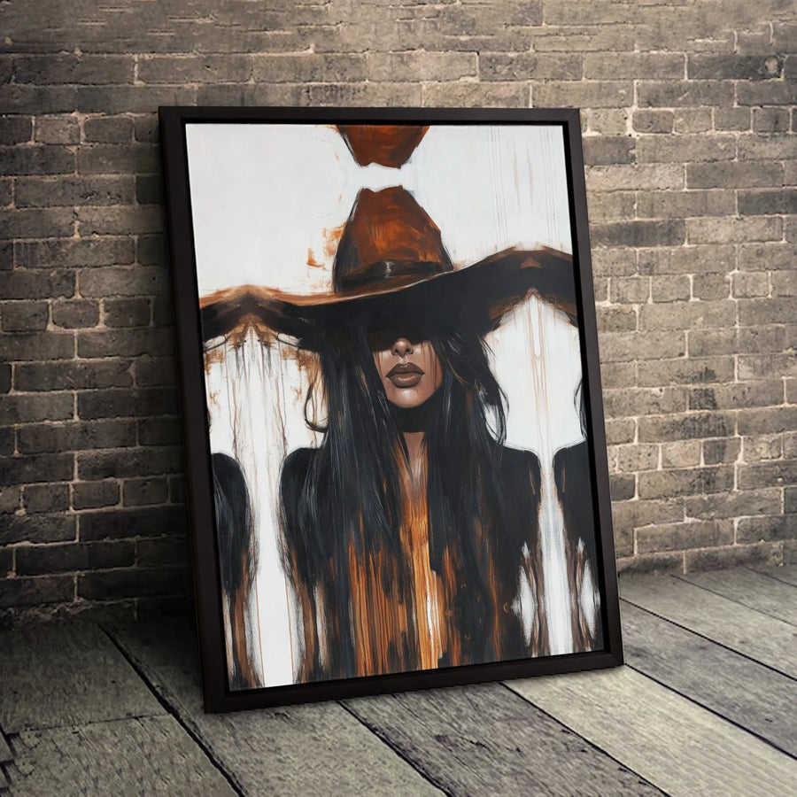 Abstract Woman Wall Art | Mysterious Wide-Brimmed Hat Portrait | Gallery-Quality Canvas Print | Modern Boho Home Decor For Living Room