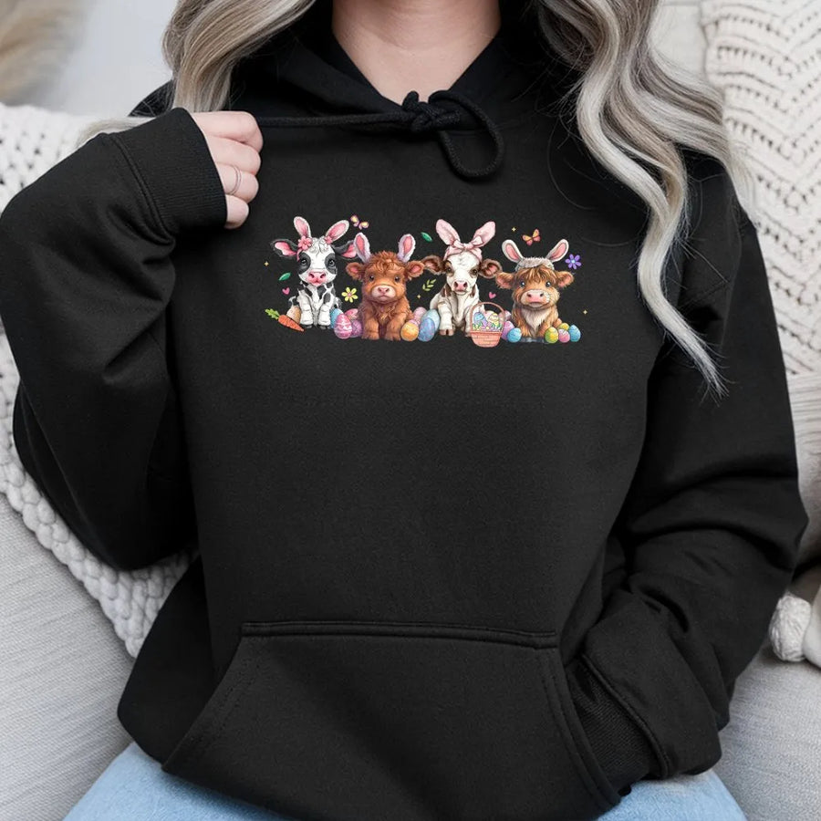 Easter Highland Cow Hoodie | Bunny Ears Farm Animal Graphic | Soft Cotton Blend | Festive Spring Gift For Her