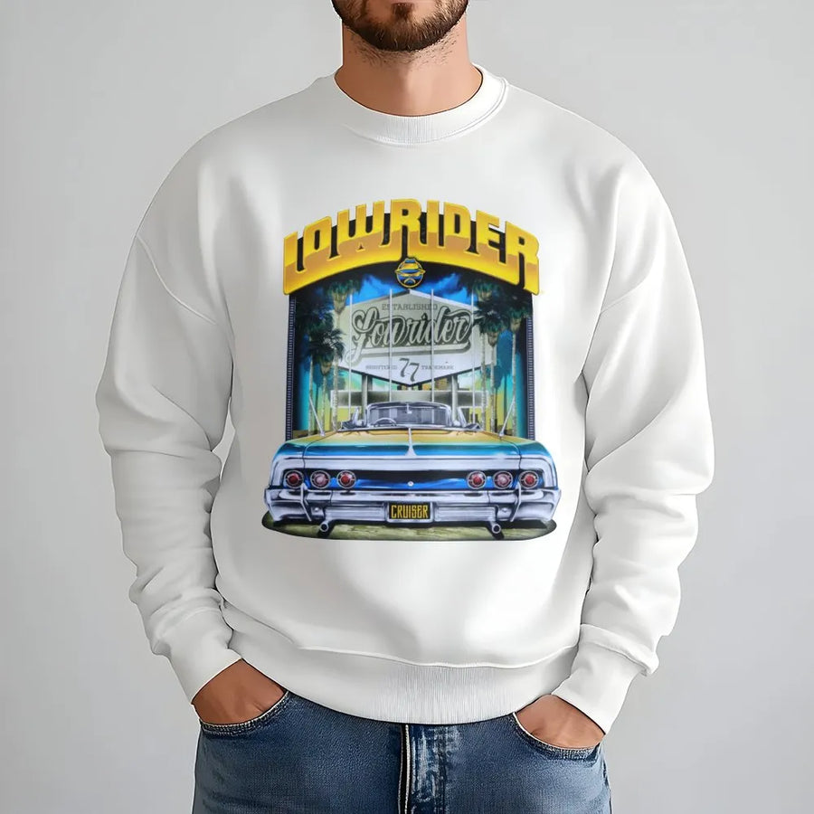 Lowrider Stadium Sweatshirt | Classic Car Culture Design | Cotton-Poly Blend Crewneck | Automotive Enthusiast Gift For Him & Her