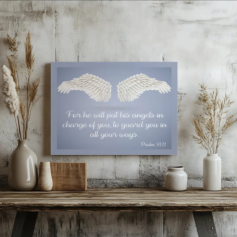 Psalm 91:11 Canvas Wall Art | 3D Guardian Angel Wings | Thick Gallery Wrap Canvas | Inspirational Christian Home Decor Gift