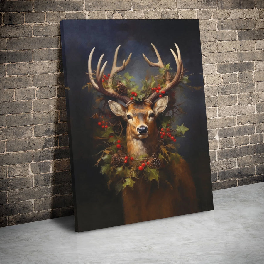 Majestic Stag Canvas Art | Christmas Holly Wreath Woodland Portrait | Gallery Wrap Premium Print | Holiday Lodge Decor Wall Gift