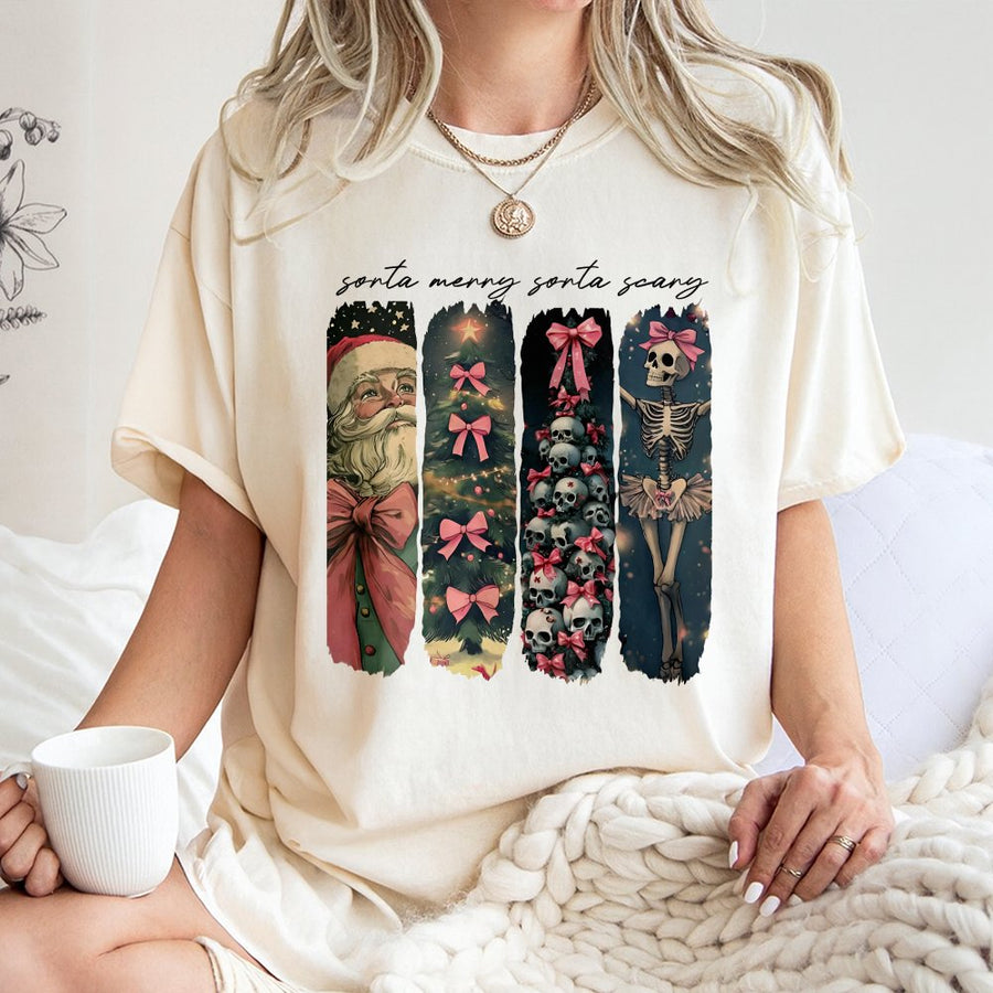 Sorta Merry Sorta Scary Christmas T-Shirt | Retro Spooky Aesthetic Graphic Tee | 100% Cotton Premium Quality | Unique Gift For Halloween Christmas Fans