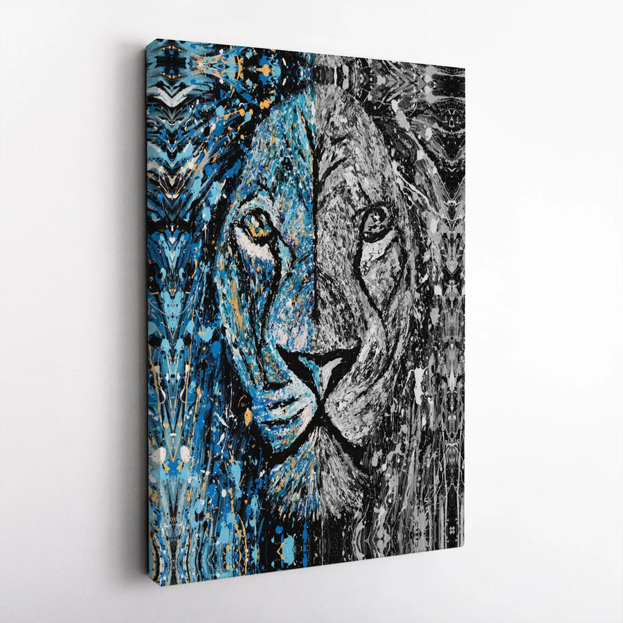 Abstract Lion Canvas Wall Art | Blue and Black & White Split Face Portrait | Premium Gallery Wrap 1.25" Profile | Modern Home Decor Gift