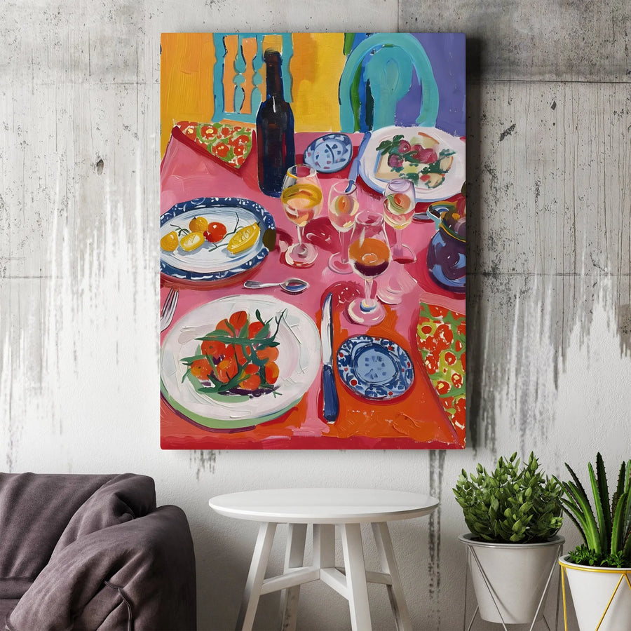 Abstract Dining Table Still Life Canvas | Vibrant Kitchen Food & Wine Painting | Gallery-Quality Fade-Resistant Wall Art | Modern Home Decor Gift