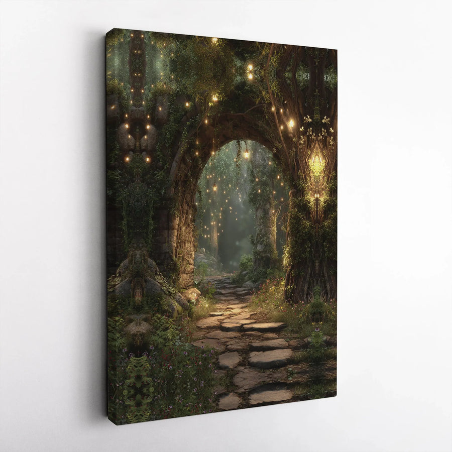 Enchanted Forest Canvas Wall Art | Whimsical Stone Archway & Fairy Lights | Gallery-Quality 1.25" Profile | Magical Home Decor Gift