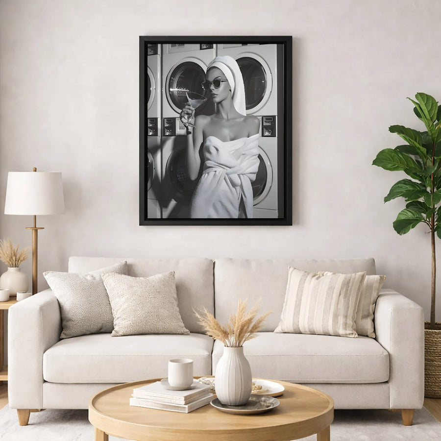 Laundry Martini Girl Canvas Print | Glamorous Laundromat Wall Art | Premium Gallery-Wrapped 1.25" Profile | Chic Modern Home Decor Gift