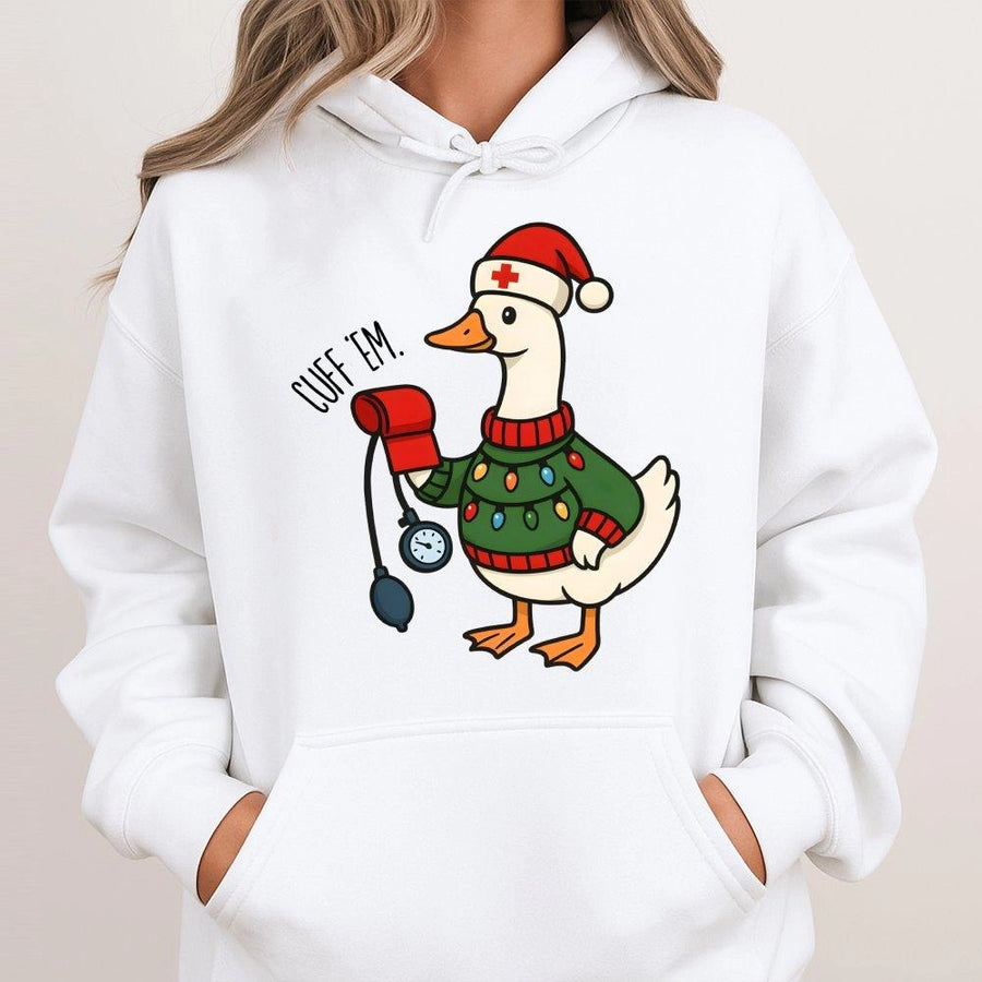 Christmas Nurse Hoodie | Silly Goose Cuff 'Em Blood Pressure Design | Premium Cotton-Poly Blend | Funny Gift for Nursing Students and RNs