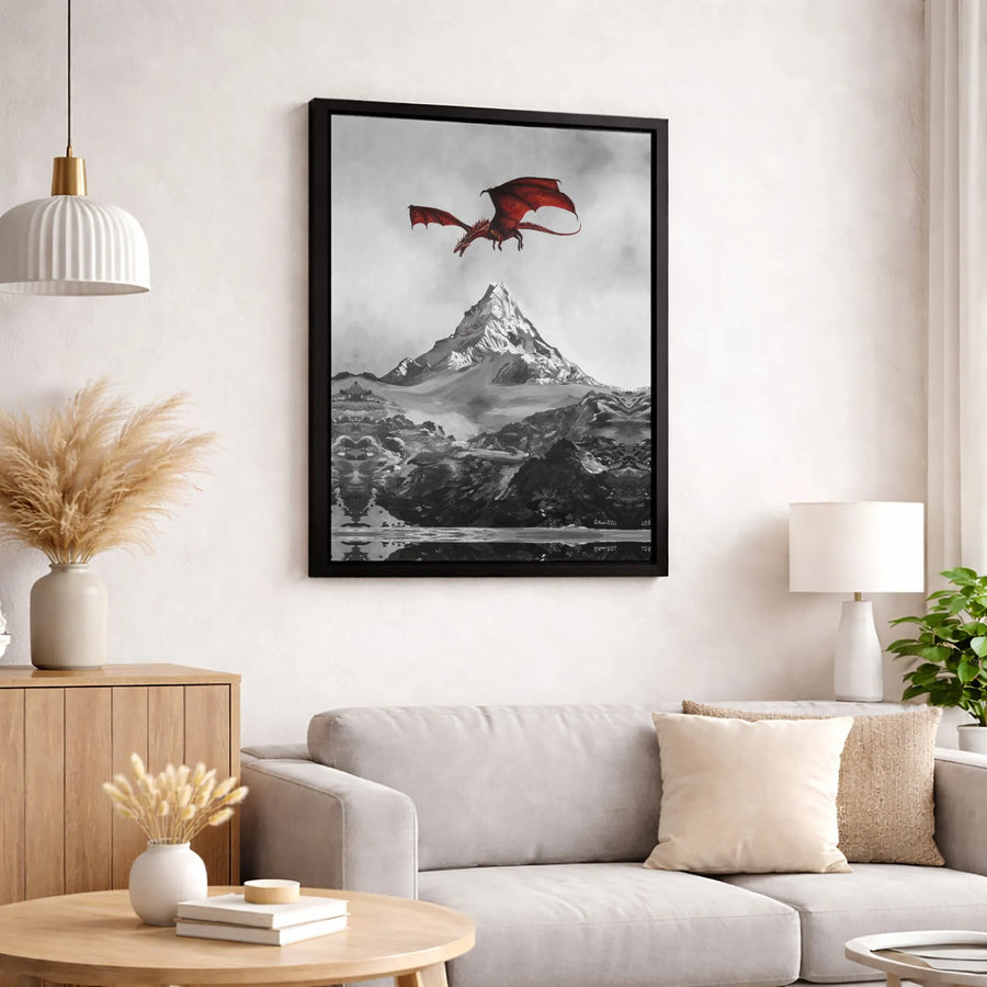 Red Dragon Canvas Wall Art | Snowy Mountain Fantasy Landscape Print | 1.25 Inch Gallery Wrap | Gift for Fantasy Fans & Gamer Room Decor