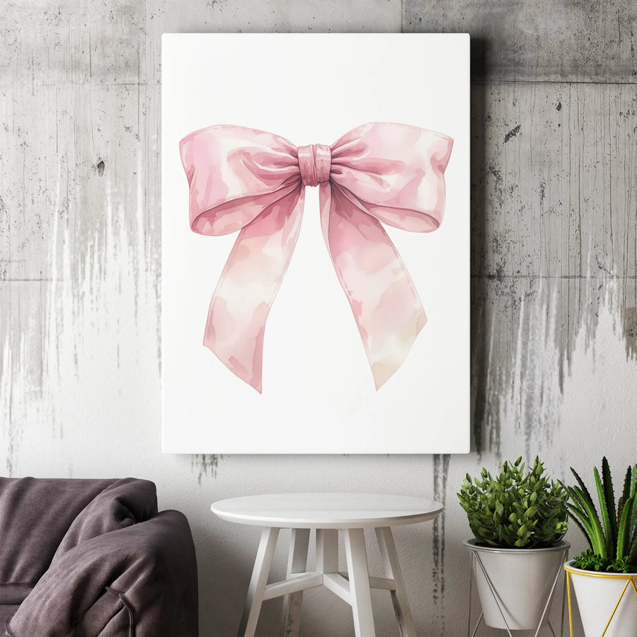Pink Bow Wall Art | Watercolor Ribbon Minimalist Print | Premium Gallery Wrapped Canvas | Elegant Nursery or Bedroom Home Decor
