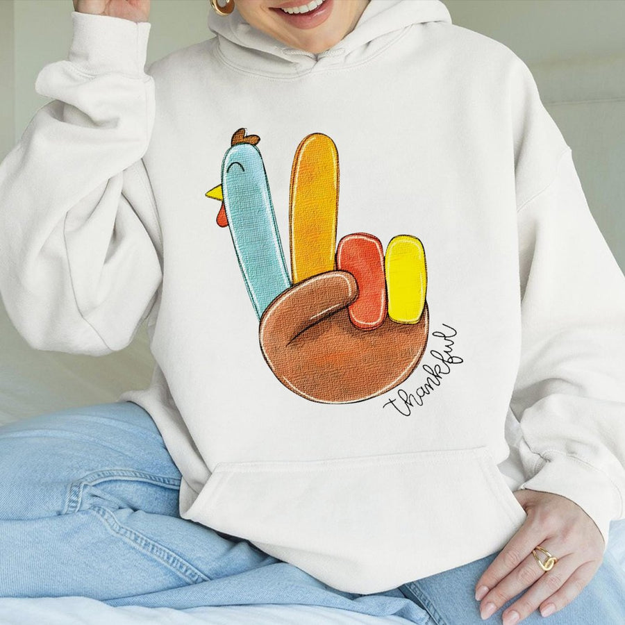 Peace Sign Turkey Hoodie | Funny Thanksgiving Graphic | Premium Cotton Blend | Thankful Shirt Gift for Women and Men