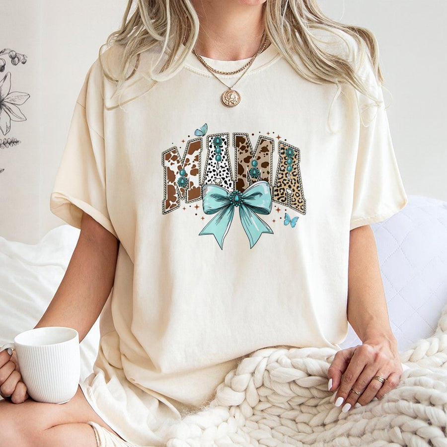 Mama T-Shirt Western Boho | Cow Print Turquoise Bow Design | Premium Soft Cotton | Trendy Mom Life Birthday Gift for Her