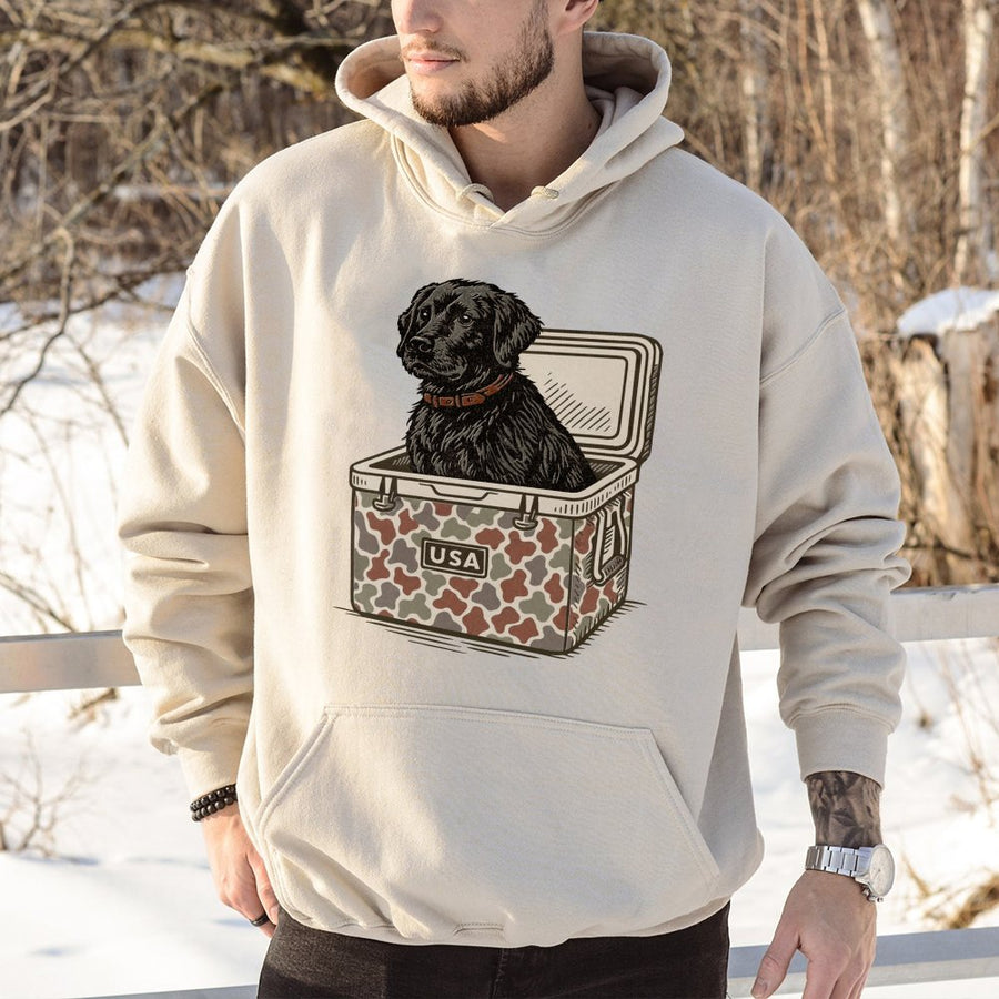Black Labrador Hoodie | Cute Hunting Dog in USA Camo Cooler | Premium Cotton Blend | Gift for Dog Lover and Outdoorsman