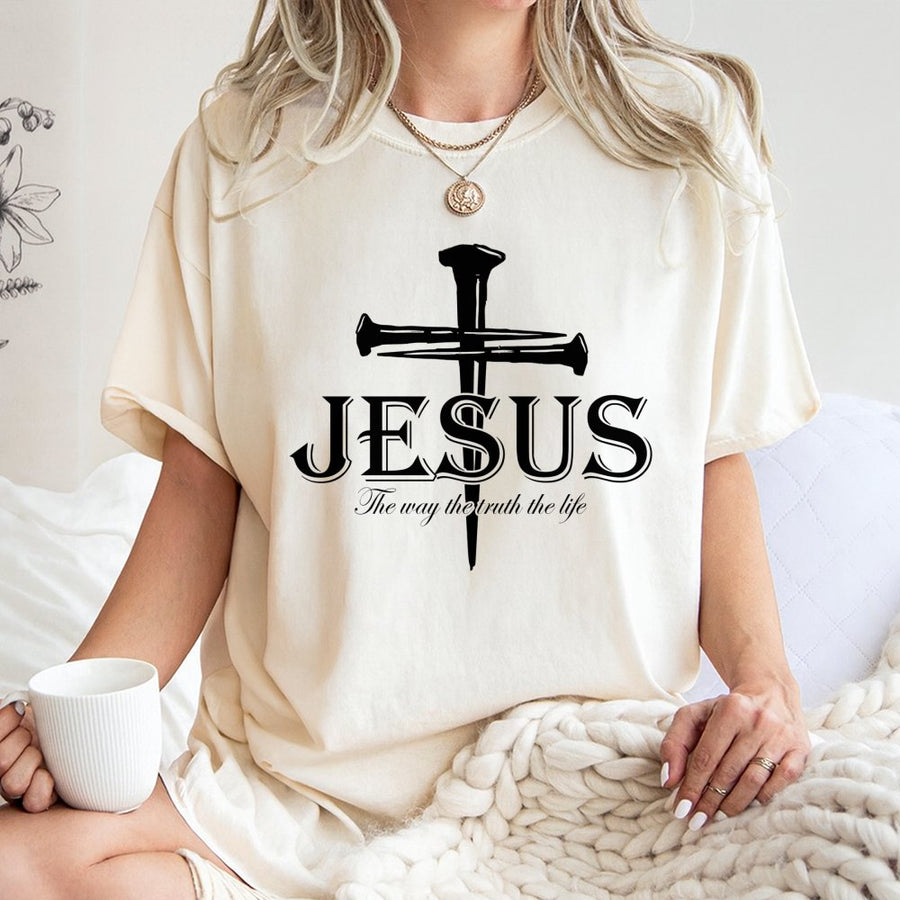 Jesus Nail Cross T-Shirt | The Way The Truth The Life Scripture Design | 100% Cotton Premium Tee | Christian Religious Gift For Men And Women