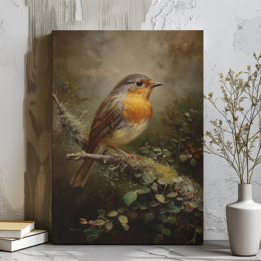 Robin Bird Canvas Print | Vintage Style Oil Painting Art | 1.25 Inch Gallery Wrap | Nature Wall Decor Gift for Bird Lovers