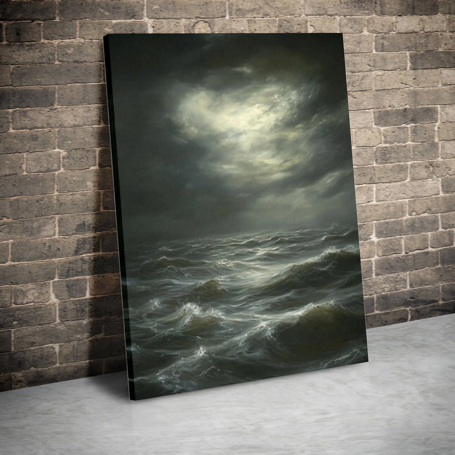 Stormy Sea Canvas Wall Art | Dark Moody Seascape Painting Print | Premium Gallery Wrapped Canvas | Nautical Home Decor Gift