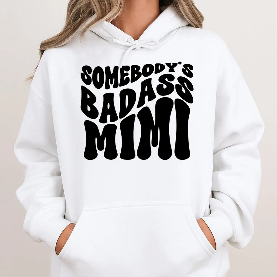 Badass Mimi Hoodie | Retro Wavy Text Graphic | Premium Soft Pullover | Funny Mothers Day Gift for Grandma