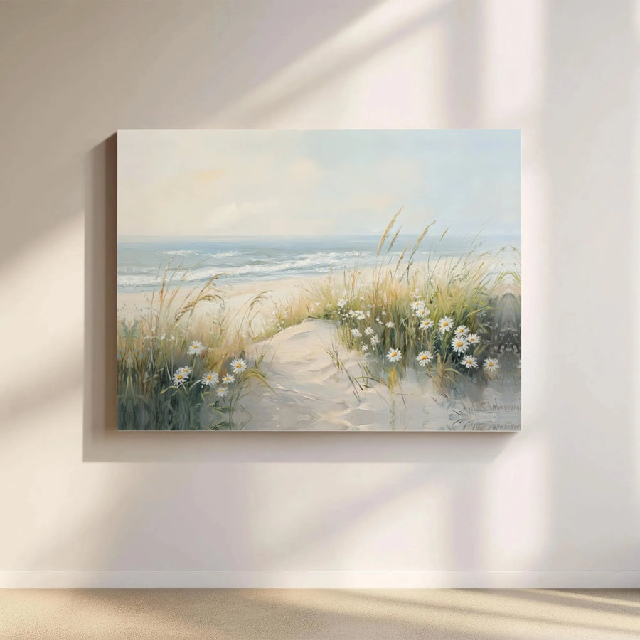 Coastal Seascape Canvas Wall Art | Sand Dunes and Daisy Beach Print | 1.25" Premium Gallery Wrapped | Serene Ocean Home Decor Gift