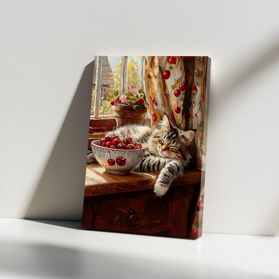 Sleeping Cat Canvas Wall Art | Cozy Kitchen Windowsill Scene With Cherries | Premium Gallery Wrap Print | Whimsical Home Decor Gift For Cat Lovers