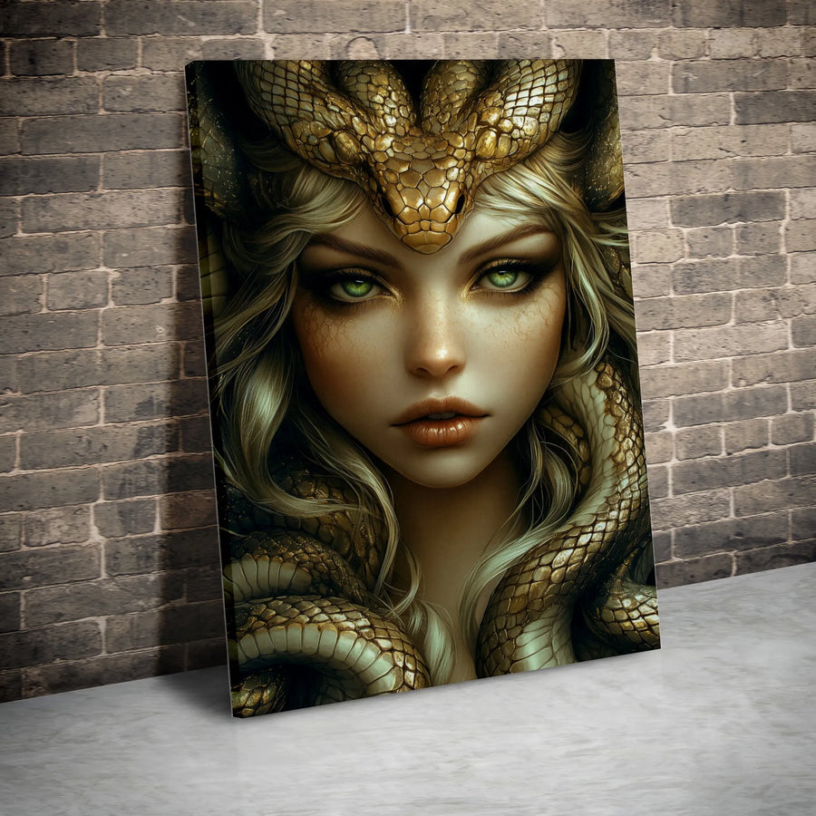 Medusa Wall Art Canvas | Golden Snake Queen Portrait | Gallery Quality 1.25-inch Profile | Mythology Lover Gift & Modern Home Decor