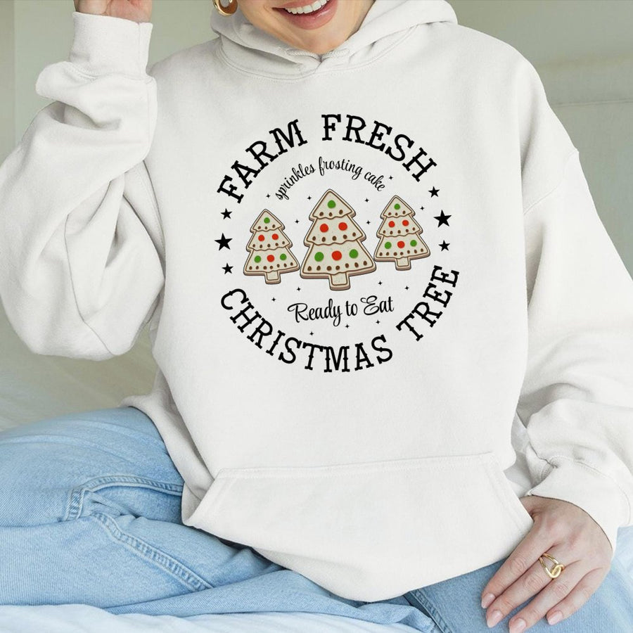 Farm Fresh Christmas Tree Hoodie | Cute Cookie Bakery Graphic | Premium Cotton Blend Unisex Sweatshirt | Festive Holiday Gift for Foodies