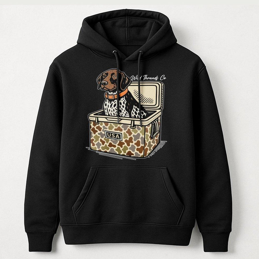 Hunting Dog Cooler Hoodie | Patriotic Camo USA Graphic Design | Premium Cotton Blend | Gift for Country Boy Outdoorsman