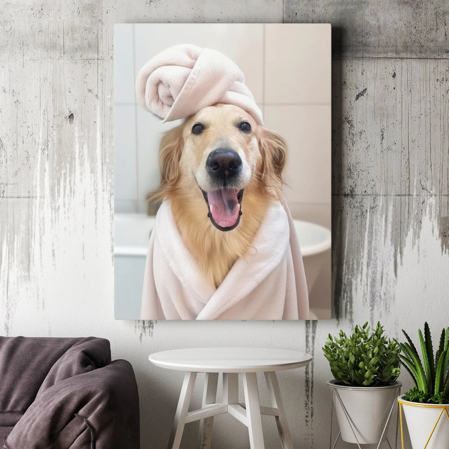 Golden Retriever Bathrobe Canvas Print | Funny Dog Towel Turban Wall Art | Premium Gallery-Wrapped Portrait | Cute Animal Home Decor Gift