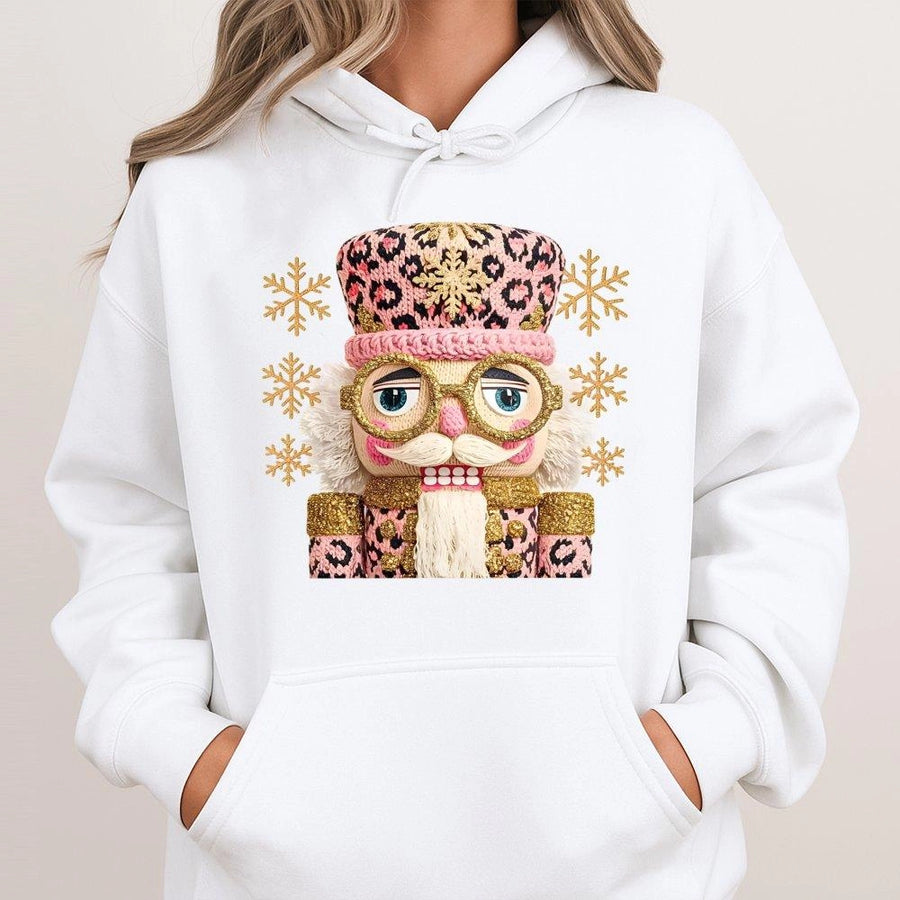 Nutcracker Christmas Hoodie | Pink Leopard Print Crochet Graphic | Premium Cotton Blend | Holiday Gift For Her