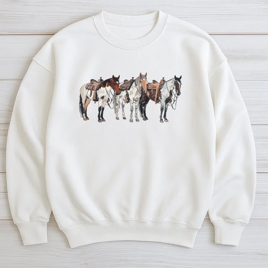 Western Horse Sweatshirt | Realistic Saddled Horse Graphic | Premium Cotton Blend | Gift for Cowgirl, Rancher & Rodeo Lover