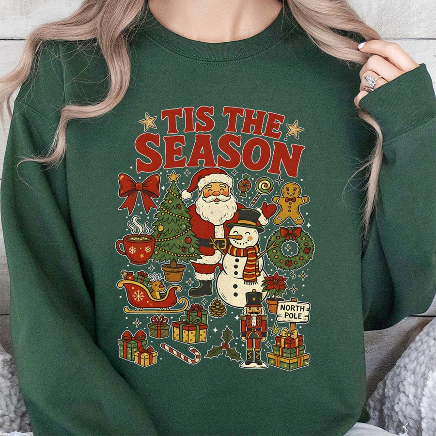 Tis The Season Christmas Sweatshirt | Vintage Santa & Snowman Graphic | Premium Cotton Blend | Holiday Gift for Women and Men