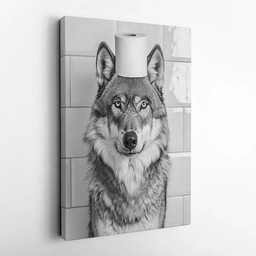 Wolf Bathroom Wall Art | Funny Animal Toilet Paper Head Canvas | Premium Gallery Wrap Print | Whimsical Home Decor Gift