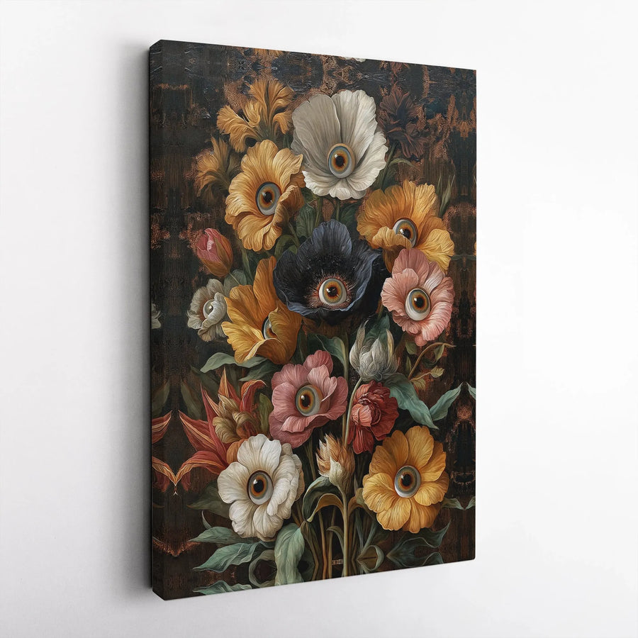 Surreal Eyeball Flower Canvas Art | Gothic Dark Floral Bouquet Still Life | Premium Gallery Wrap Wall Decor | Unique Gift for Art Lovers