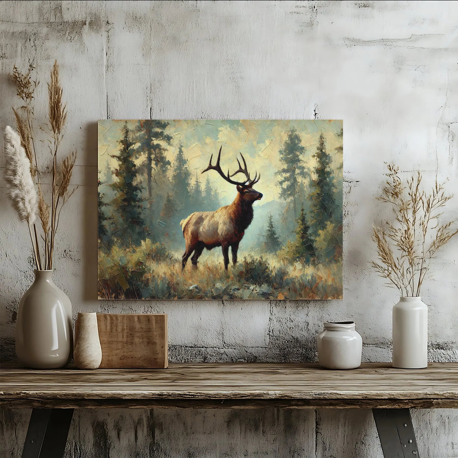 Elk Forest Canvas Wall Art | Impressionist Wildlife Oil Painting Style | Premium 1.25 Inch Gallery Wrap | Rustic Nature Decor Gift for Hunters