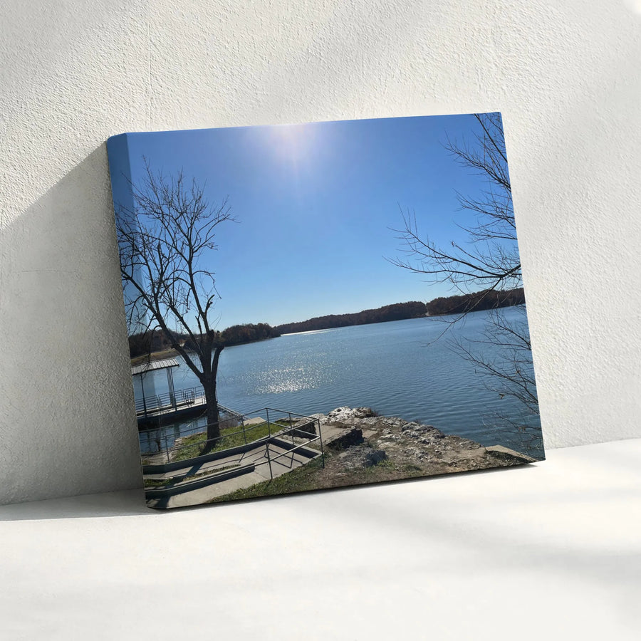 Serene Lake Canvas Wall Art | Sunny Lakeside Dock Photo | Premium Gallery Wrapped Canvas | Gift for Nature Lovers & Lake House Decor