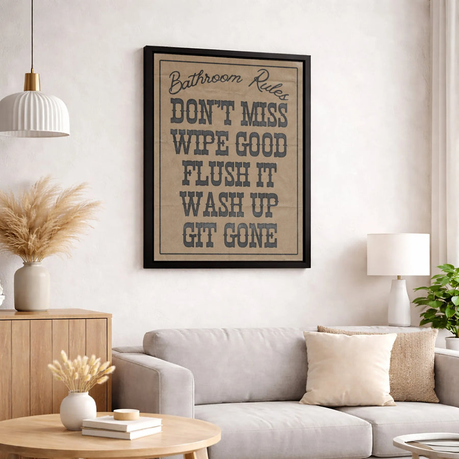 Bathroom Rules Wall Art | Rustic Farmhouse Sign | 1.25 Inch Gallery Wrapped Canvas | Funny Home Decor Gift For Restroom