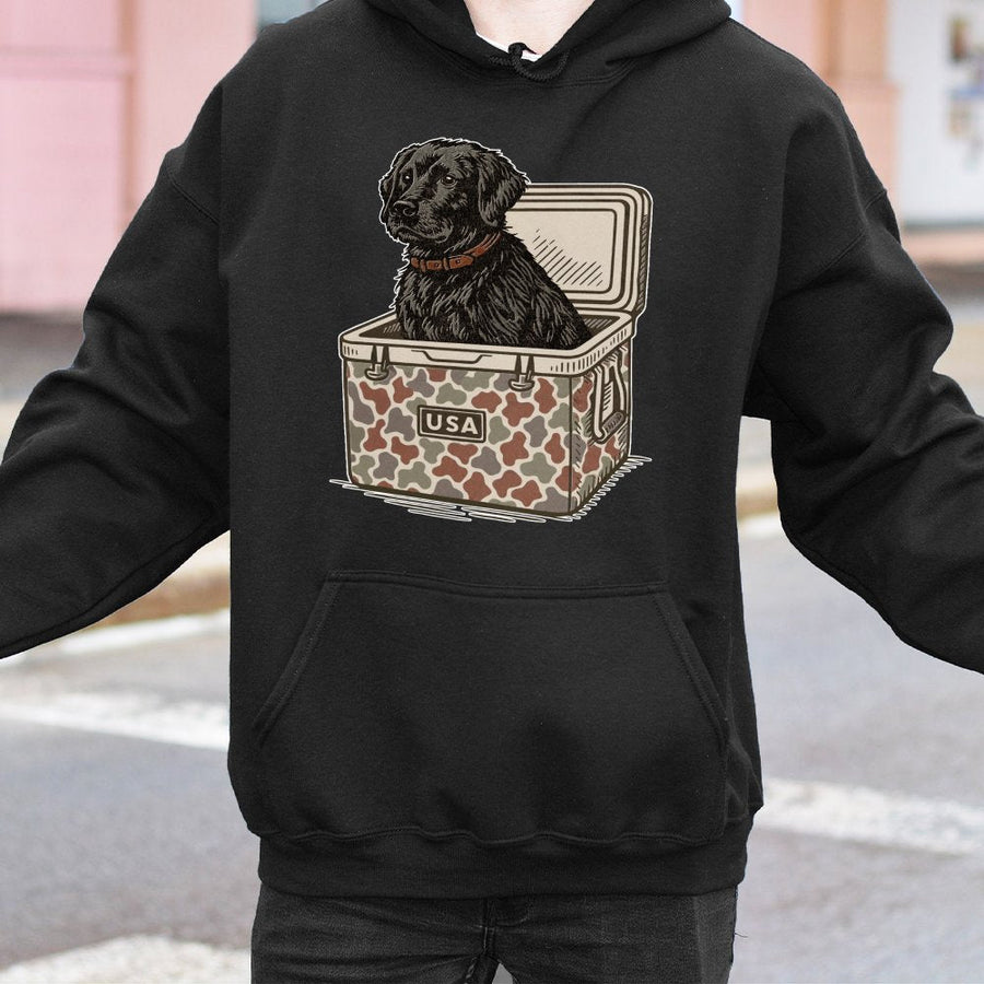 Black Labrador Hoodie | Cute Hunting Dog in USA Camo Cooler | Premium Cotton Blend | Gift for Dog Lover and Outdoorsman